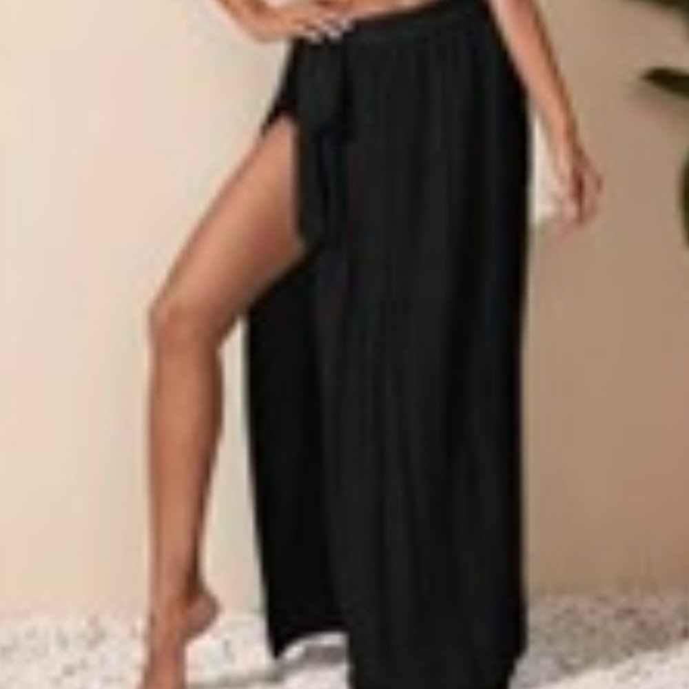 Women's Sheer Black Side Tie, Maxi skirt, Swim Cover up